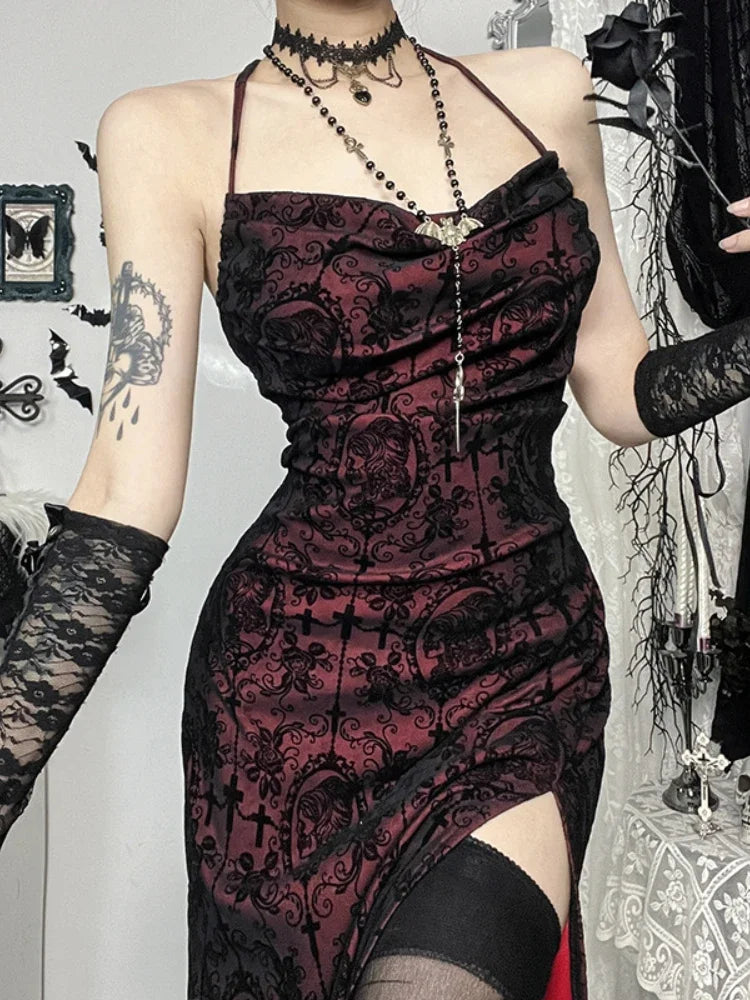 Halloween Cross Floral Halter Flocking Maxi Dress