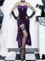 Crimson Velvet Separated Spaghetti Strap Midi Dress Purple / S