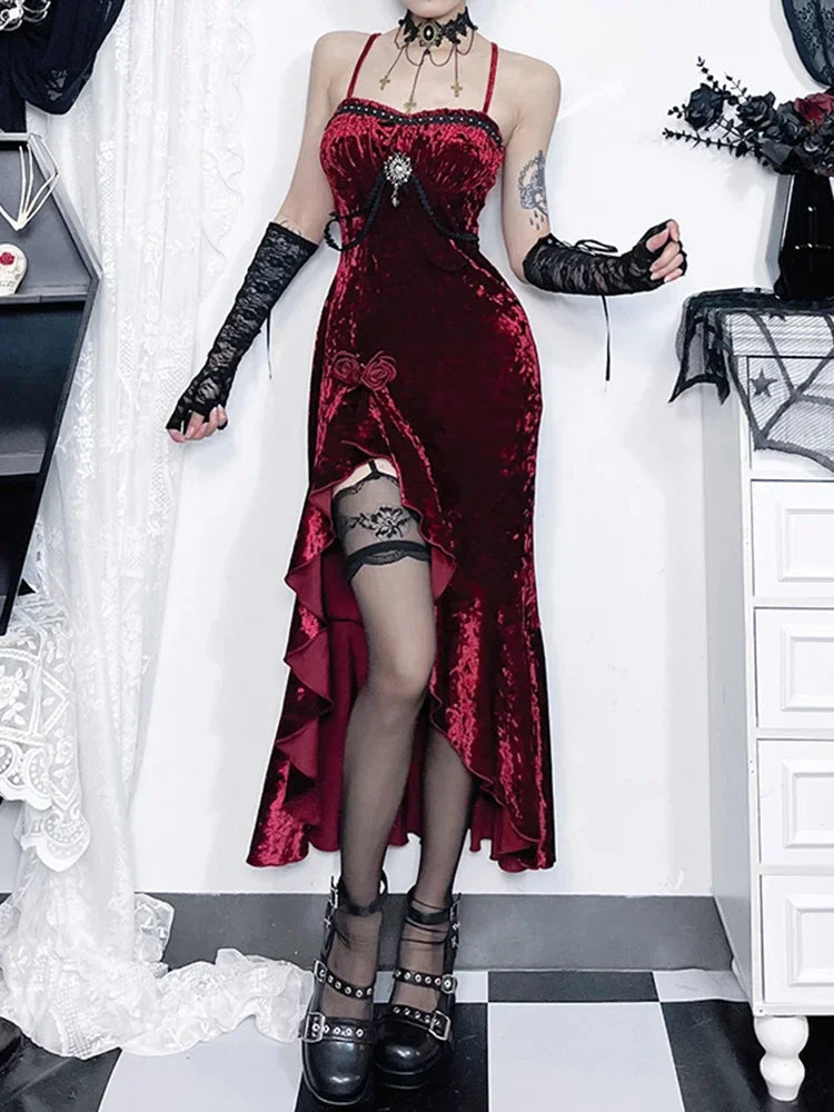 Crimson Velvet Separated Spaghetti Strap Midi Dress Red / S