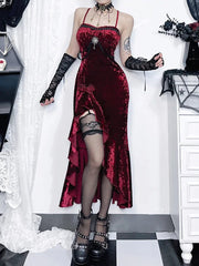 Crimson Velvet Separated Spaghetti Strap Midi Dress Red / S
