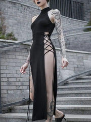 Antique Futuristic Hollow Lace-Up Full-Length Dress Black / S
