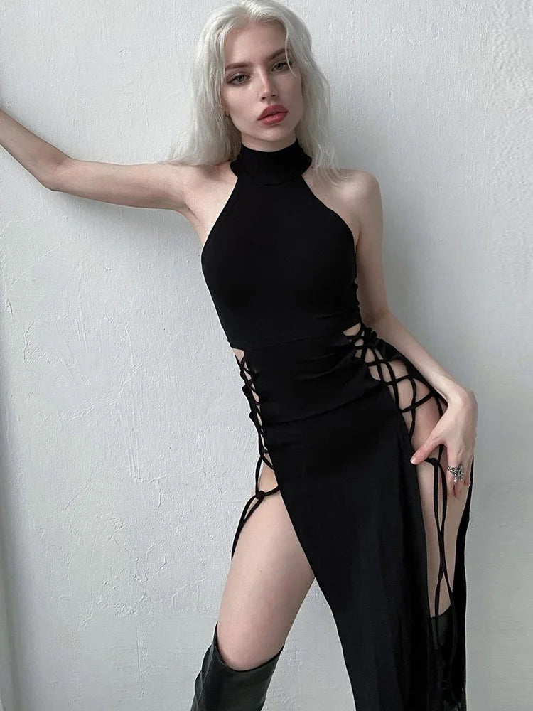Antique Futuristic Hollow Lace-Up Full-Length Dress