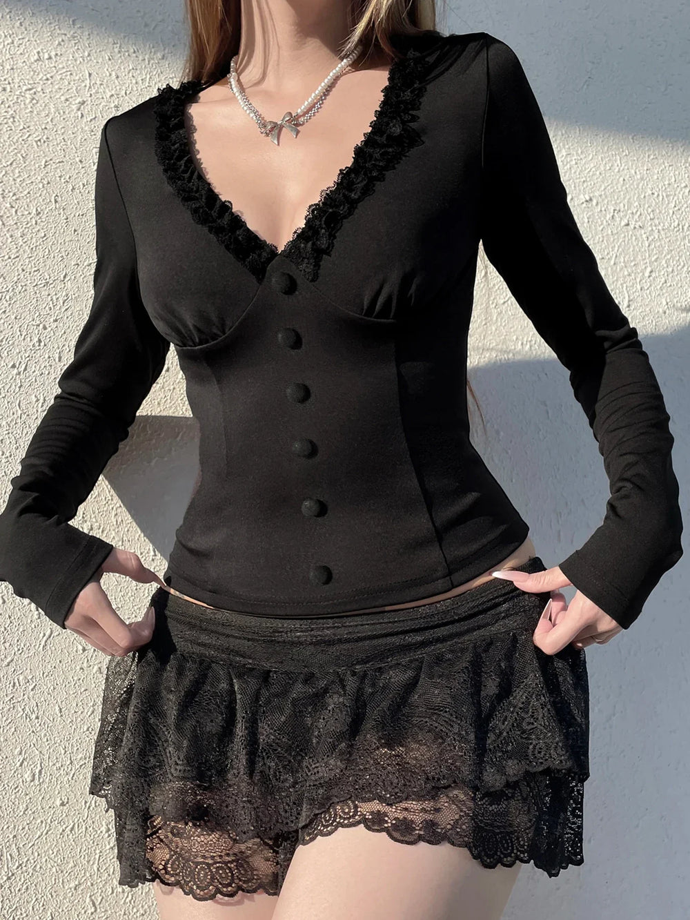 Lace Button Sleeve Knit Top