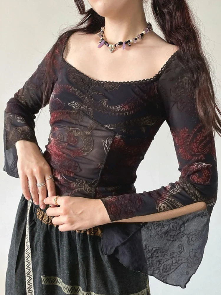 Flower Square Collar Knitted Top Black / S