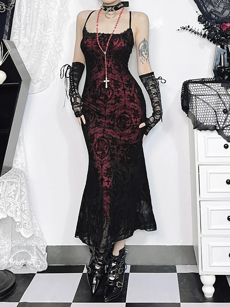 Cross Design Spaghetti Strap Full-Length Dress Red / XS