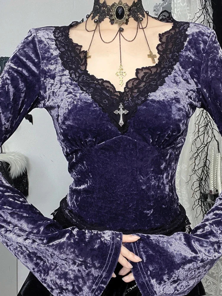 Velvet Lace Patchwork Knit Top
