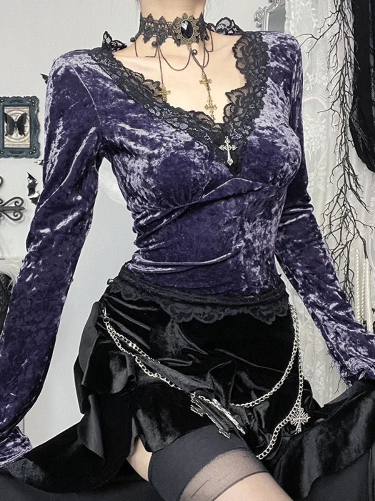 Velvet Lace Patchwork Knit Top Purple / XS