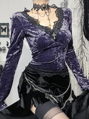 Velvet Lace Patchwork Knit Top Purple / XS