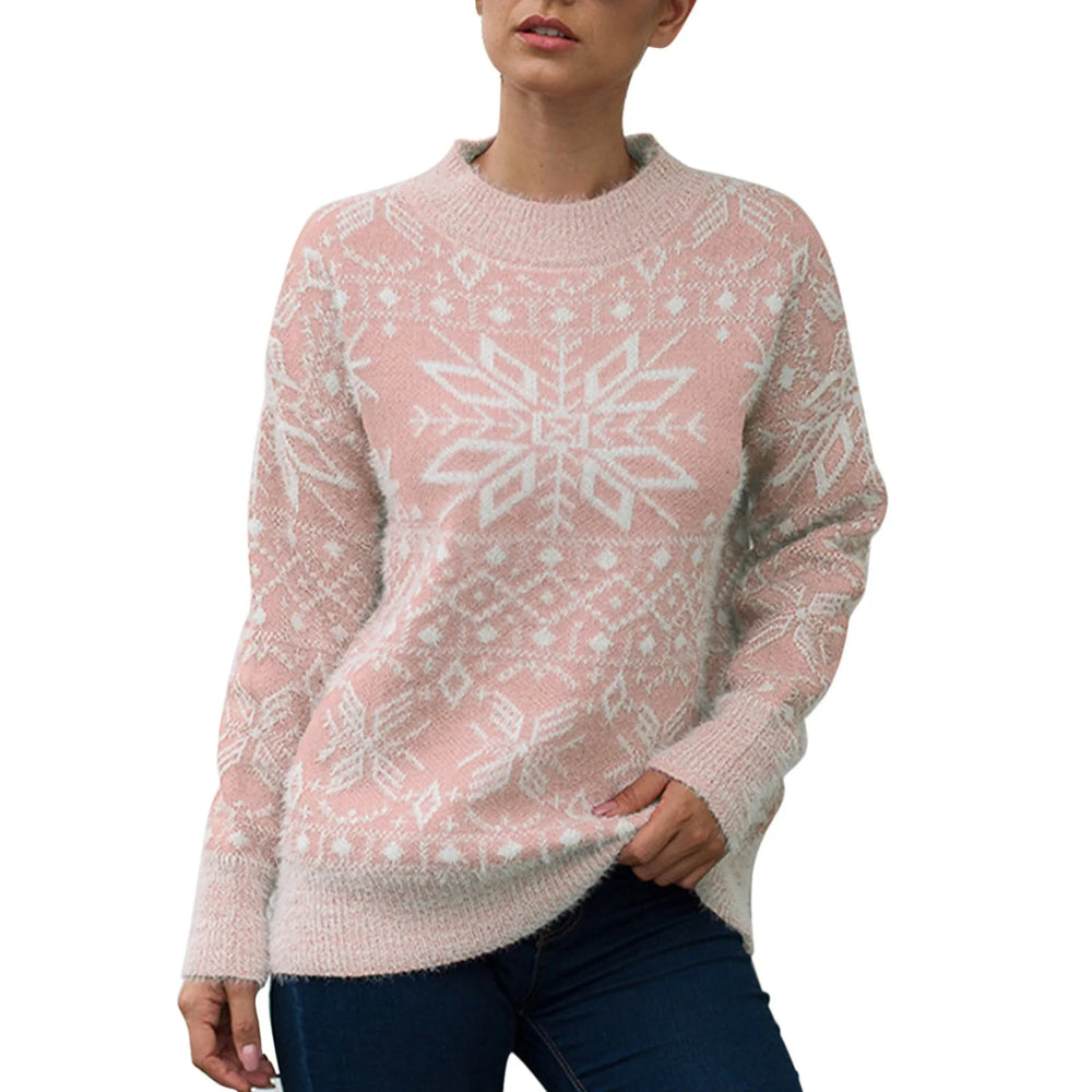 Round Neck Geometric Pattern Printed Xmas Christmas Party Green Sweater 2-Pink / S Sweaters-L