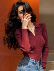 Christmas Sweater - Slim Knitting Polo Collar Long Sleeve Soft Warm Knitwear Burgundy / One Size