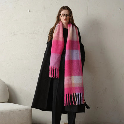 Plaid Coarse Tassel Imitation Cashmere Scarf for Autumn Winter Warmth