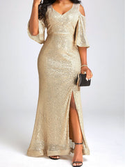 Elegant Off Shoulder Gold Sequ Annual Party Evening Dress Cocktail Evening Dress Dress