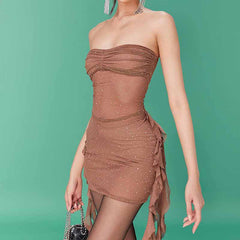 Starry Rhinestone Tube Top Ribbon Mesh See through