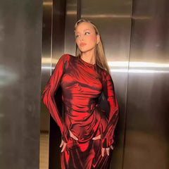 3D Pleated Print Long Sleeve Slim Fit Slimming round Neck High Waist Dress