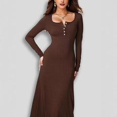 Button Square Collar Long Sleeve Elegant Wide Hem Maxi Dress
