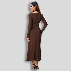 Button Square Collar Long Sleeve Elegant Wide Hem Maxi Dress