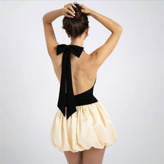 Patchwork Pleated Slim Fit Backless Slimming Dress