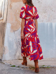 V-Neck Puff Sleeves Slit Printed Maxi Dress