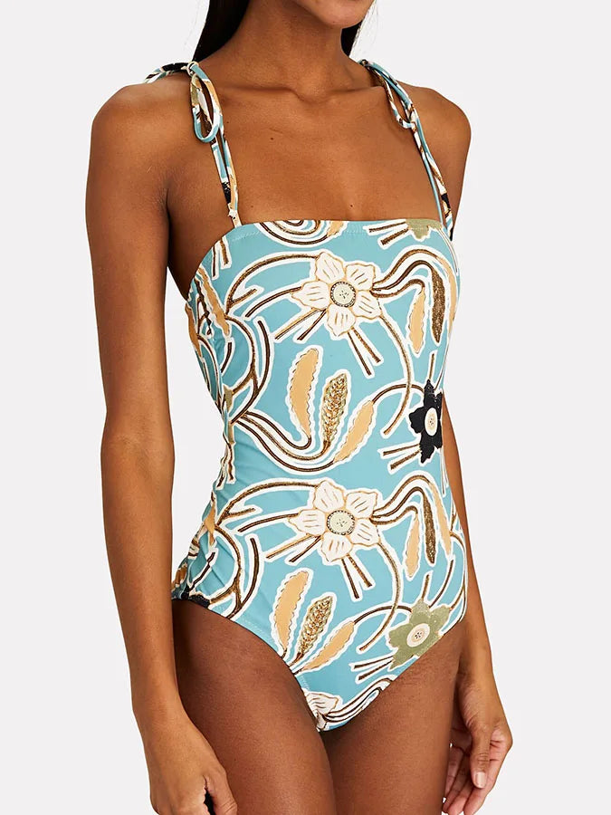 Fresh Blue Floral Back Strap Swimsuit One Piece green3 / S onepiece-250223