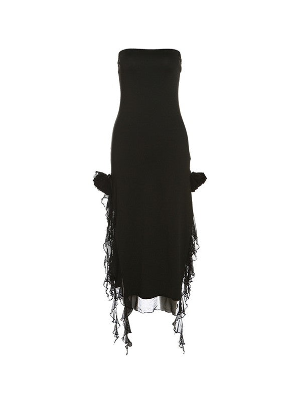 Split Ruffle Mesh Bandeau Maxi Dress Maxi Dresses