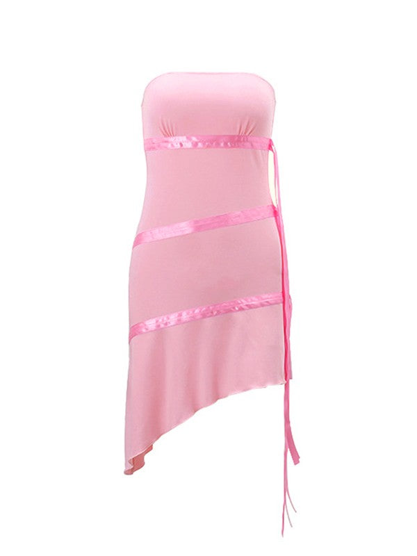 Ribbon Embellish Asymmetric Bandeau Mini Dress Mini Dresses