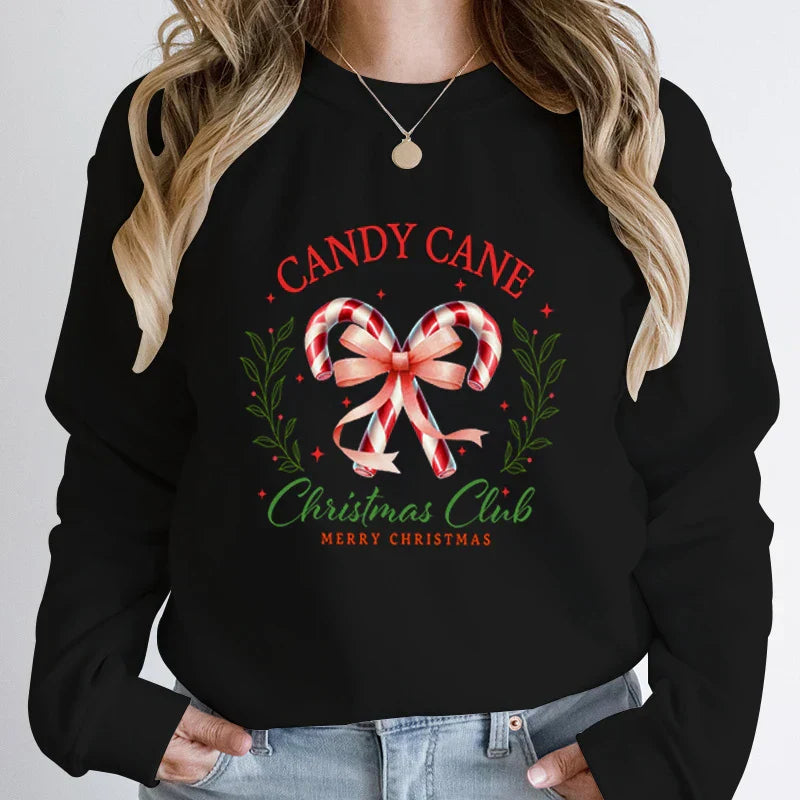 Merry Candy Cane Christmas Club Round Neck Hoodie Black / S Hoodies-L
