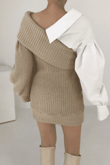 Knitted stitching fake two-piece slanted shoulder dress