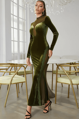 Velvet splicing mesh slim long-sleeved dress
