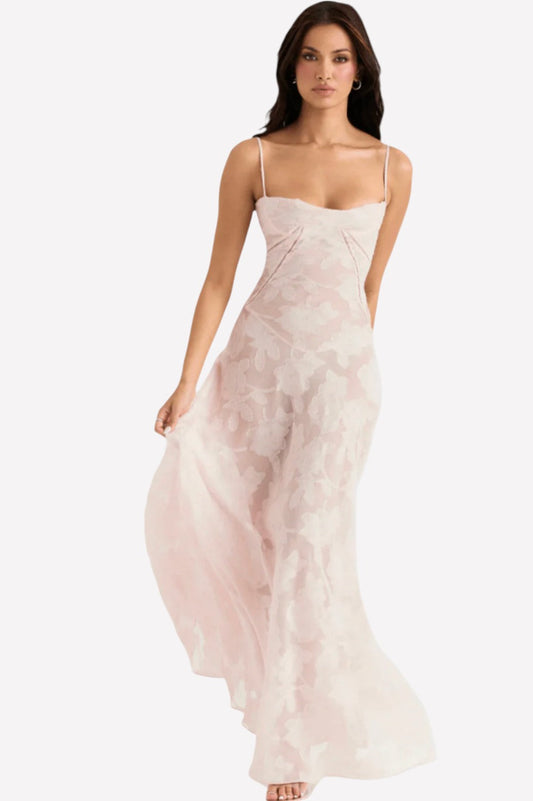 Slim backless fishbone white maxi dress