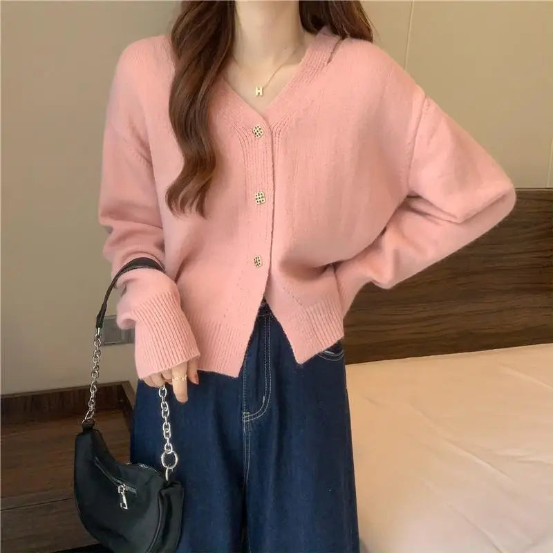 New V-Neck Button Red Knit Tops Stylish Knitwear Christmas Sweater Pink / M Sweaters-L