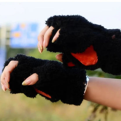 Cartoon Cat Girl Fluffy Bear Paw Winter Half Finger Christmas Gloves