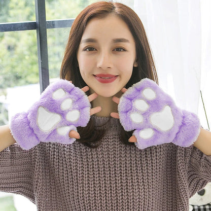 Cartoon Cat Girl Fluffy Bear Paw Winter Half Finger Christmas Gloves