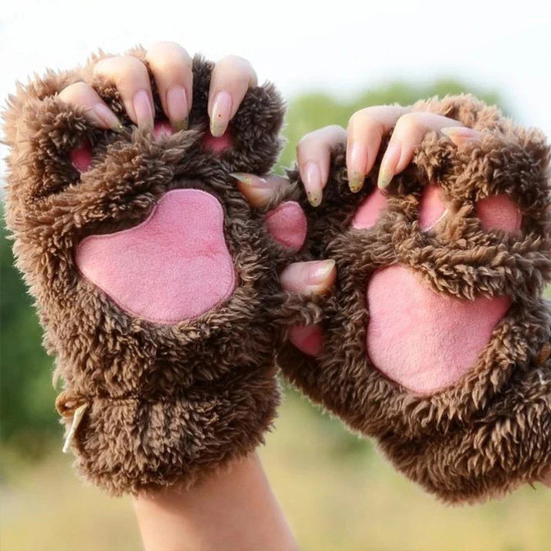 Cartoon Cat Girl Fluffy Bear Paw Winter Half Finger Christmas Gloves