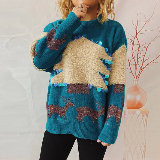 Sequins Christmas Tree Deer Jacquard Crew Neck Sweater