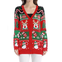 Cartoon Deer Snowman Christmas Cardigan Red / S Cardigan-241208