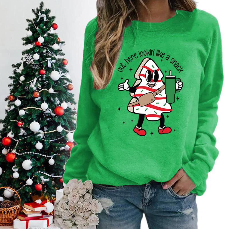 Snack Print Round Neck Christmas Hoodie - Casual Long Sleeve Hoodies-L