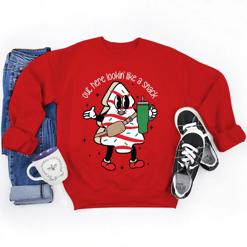 Snack Print Round Neck Christmas Hoodie - Casual Long Sleeve Red / S Hoodies-L
