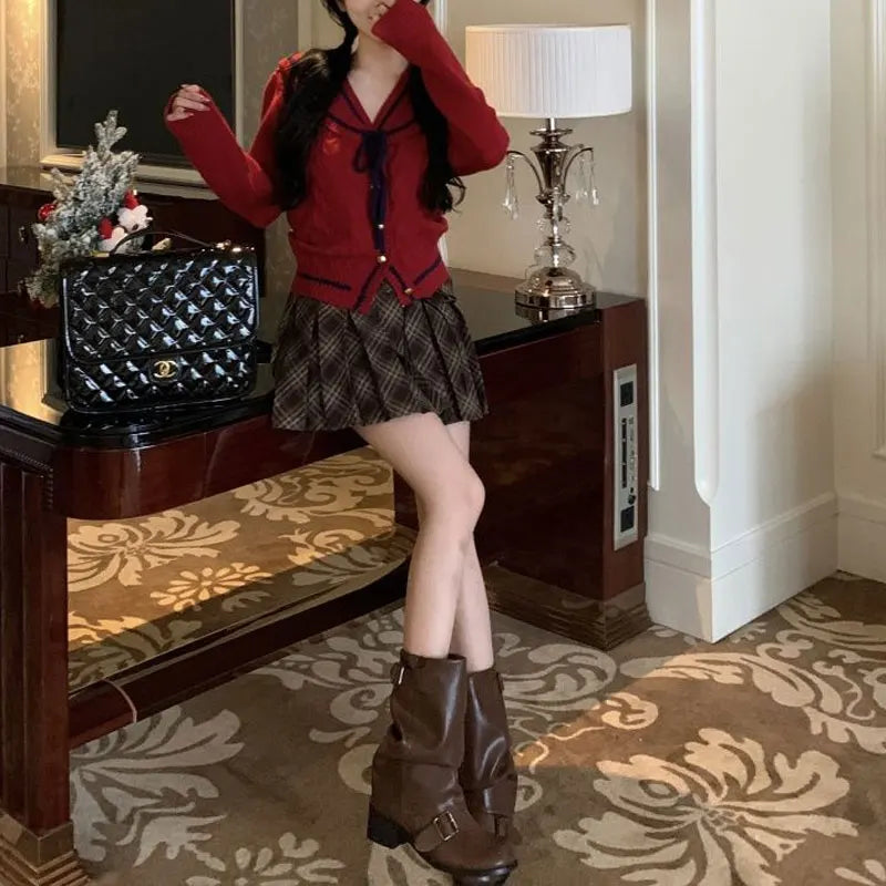 Korean Stylish Drawstring Bow Vintage Red Cardigan Christmas Sweater Sweaters-L