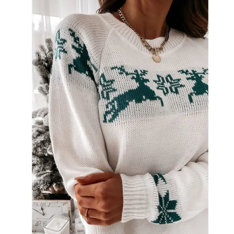 Casual Long Sleeve O-Neck Pullover Deer Knitted Christmas Sweater Sweaters-L