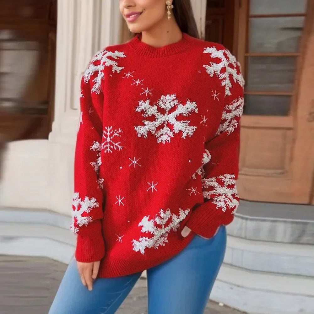 Snowflake Embroidered Round Neck Long Sleeve Crossbody Christmas Sweater Sweaters-L
