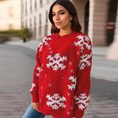 Snowflake Embroidered Round Neck Long Sleeve Crossbody Christmas Sweater Sweaters-L