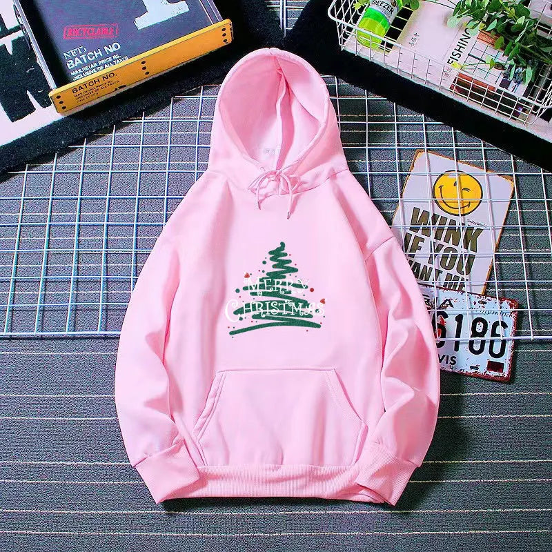 Sporty Printed Casual Long Sleeve Christmas Hoodie For Women Pink / S Hoodies-L