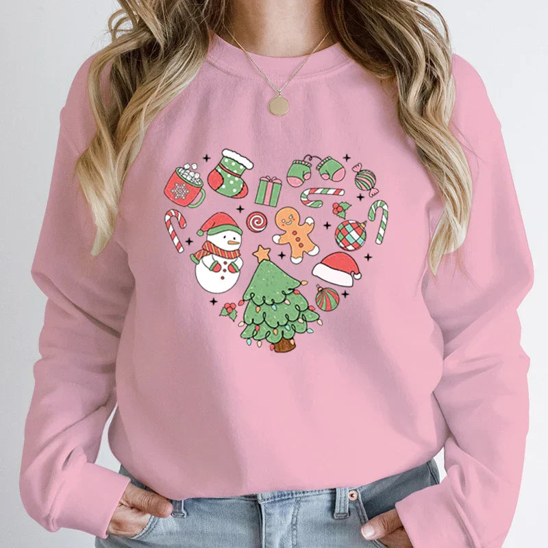 Cute Heart Tree Snowman Fashion Loose Round Neck Christmas Hoodie Pink / S Hoodies-L