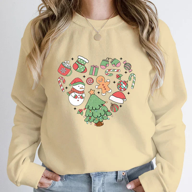 Cute Heart Tree Snowman Fashion Loose Round Neck Christmas Hoodie Khaki / S Hoodies-L