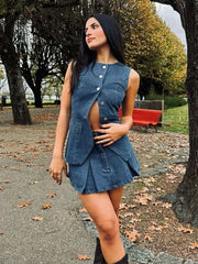 Denim Solid Button Sleeveless Office Two Piece Set