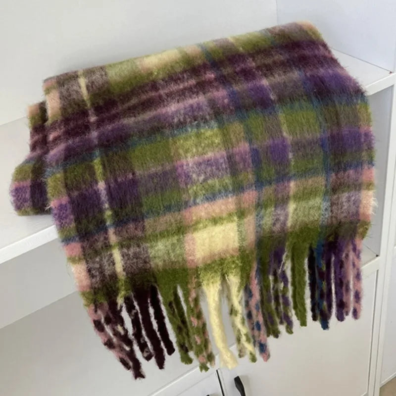 Mohair Imitated Cashmere Winter Thick Tassel Scarf - Purple Green