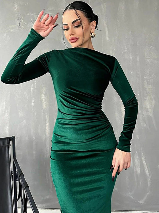 Velvet Long Sleeve Midi Dress - Elegant Party Clothes for Christmas Party