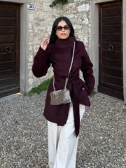 Burgundy Lace-Up Wool Coat Coats-241208