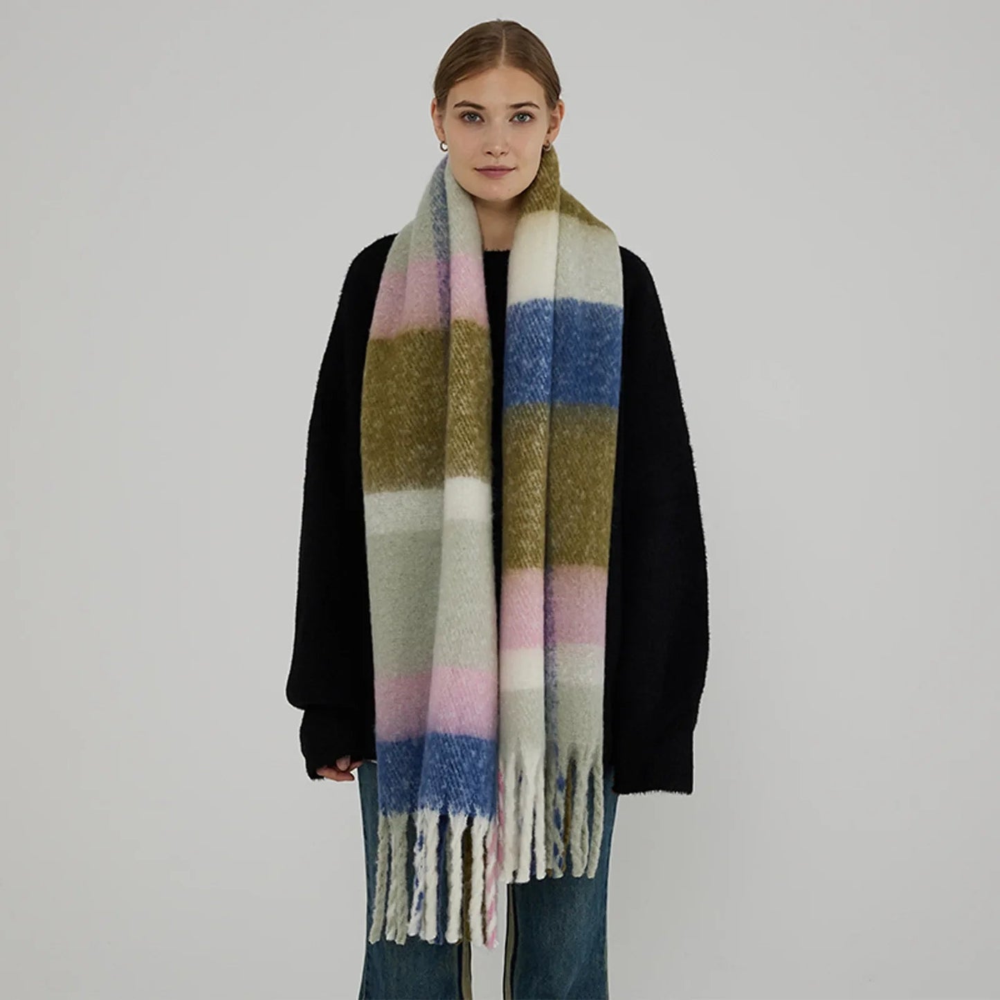 Plaid Coarse Tassel Imitation Cashmere Scarf for Autumn Winter Warmth