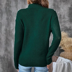 Fashion Color Blocked Retro Dark Green Zipper Half Open Christmas Sweater Sweaters-L